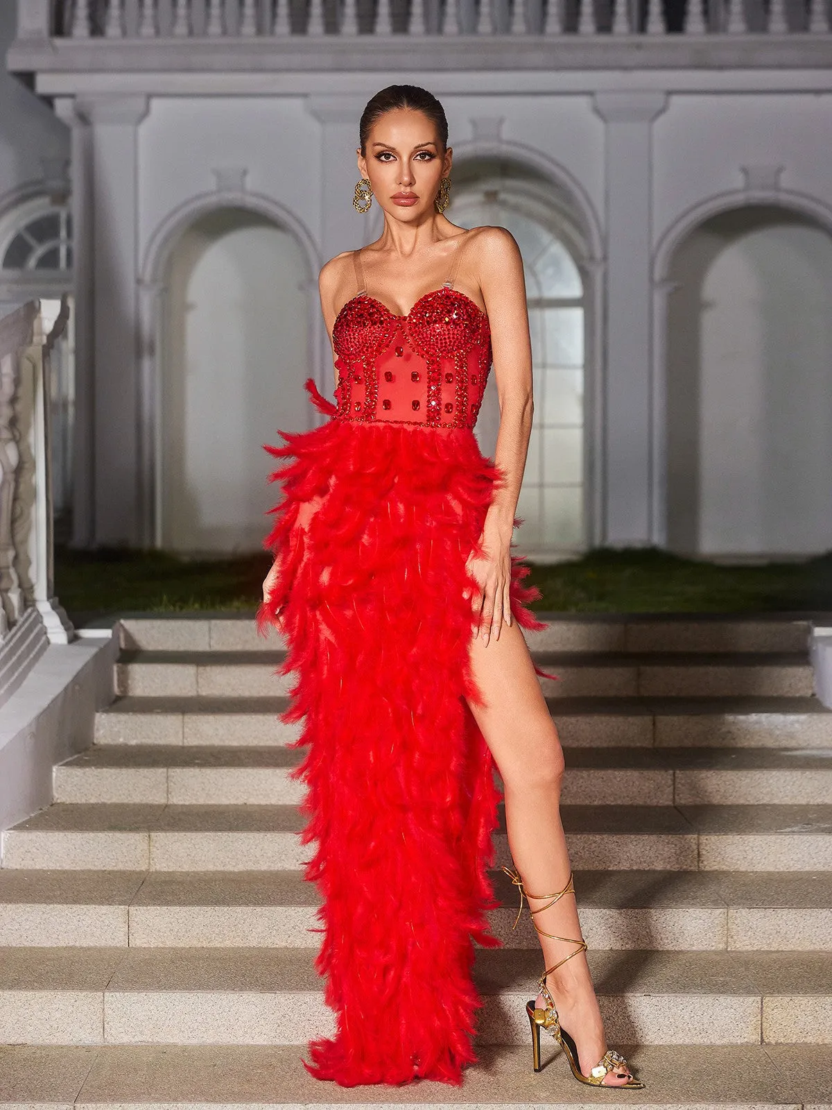 Vieby Strapless Rhinestone Feather Maxi Dress In Red sold by Mew Mews