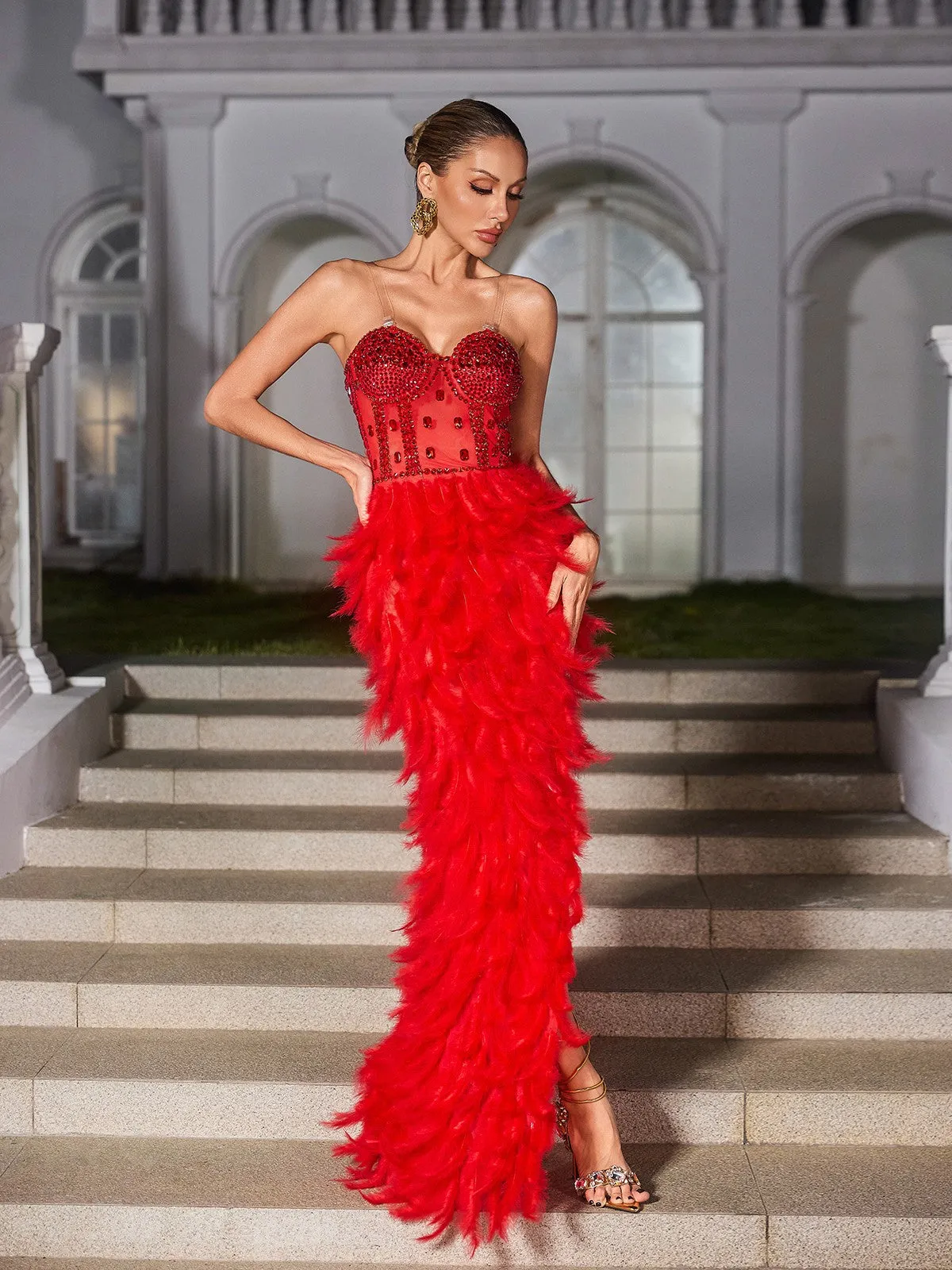 Vieby Strapless Rhinestone Feather Maxi Dress In Red sold by Mew Mews product image thumbnail 4