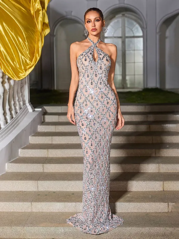 Liora Backless Sequin Crystal Maxi Dress In Nude sold by Mew Mews