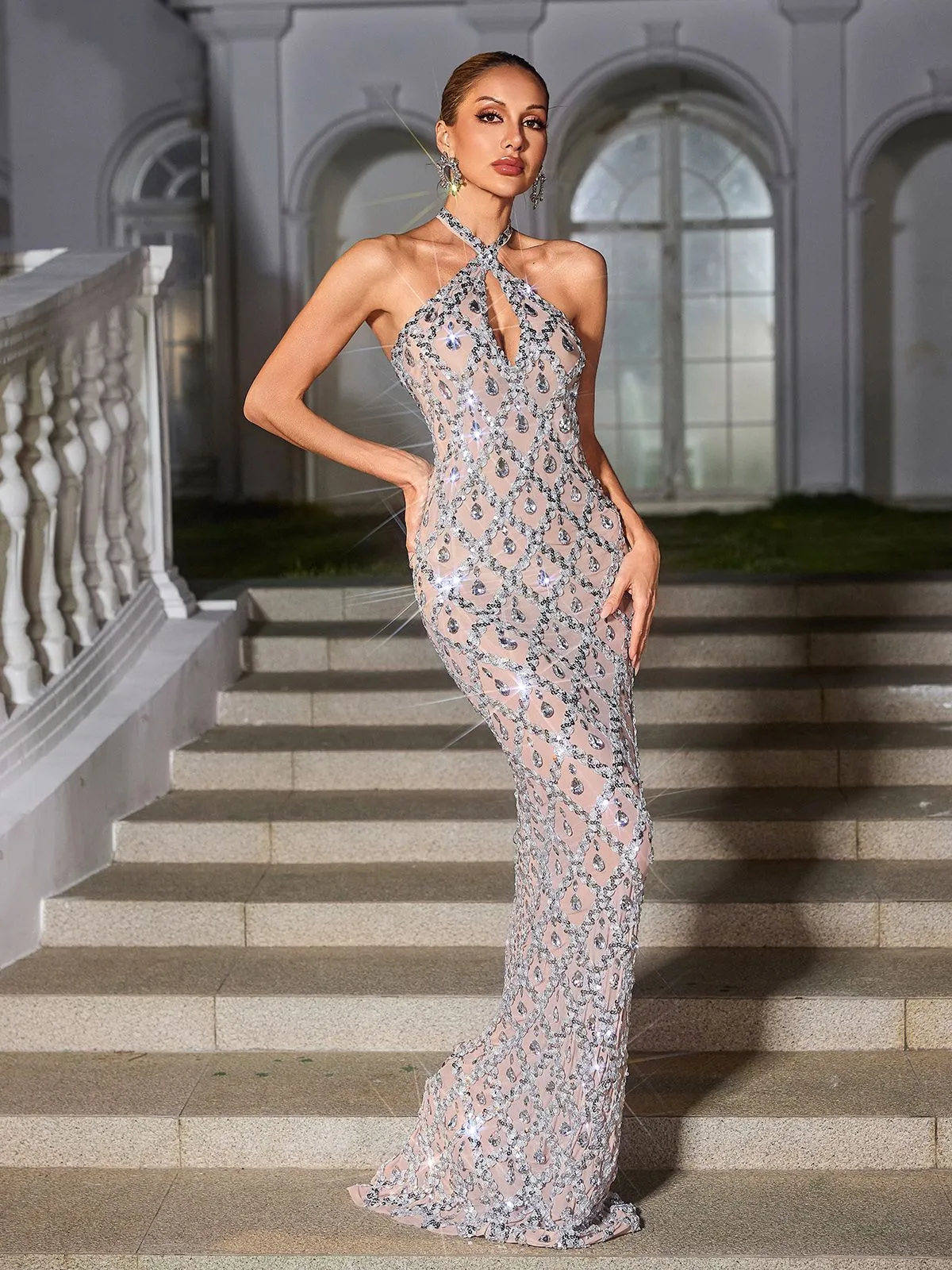 Liora Backless Sequin Crystal Maxi Dress In Nude sold by Mew Mews product image thumbnail 2