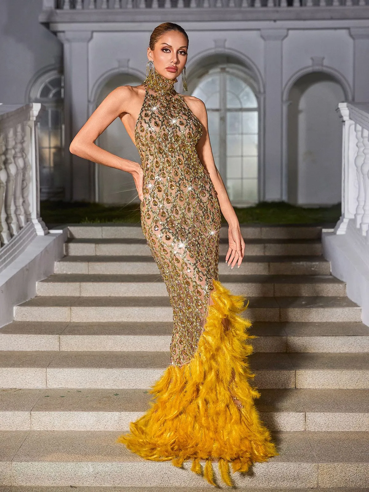 Liora Crystal Feather Mesh Maxi Dress In Gold sold by Mew Mews product image thumbnail 3