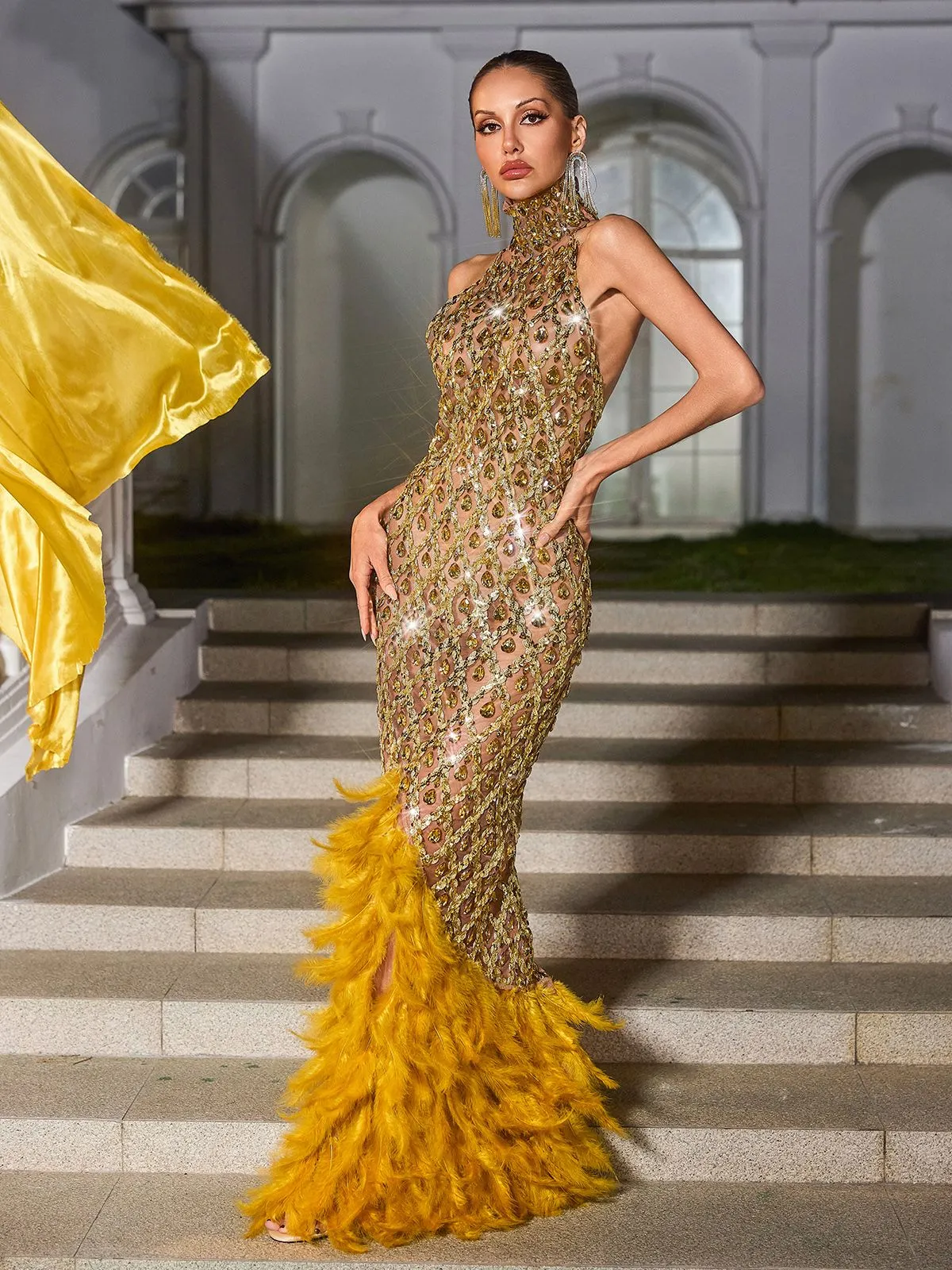 Liora Crystal Feather Mesh Maxi Dress In Gold sold by Mew Mews product image thumbnail 4