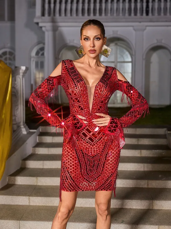 Gwyndara Rhinestone Fringe Acrylic Mini Dress sold by Mew Mews