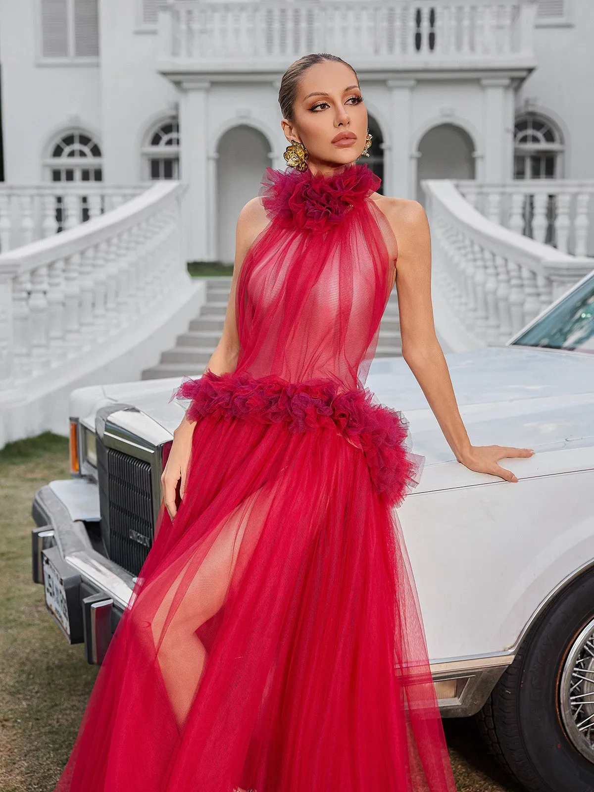Fyrielle Halterneck Tulle Maxi Dress In Red sold by Mew Mews product image thumbnail 5