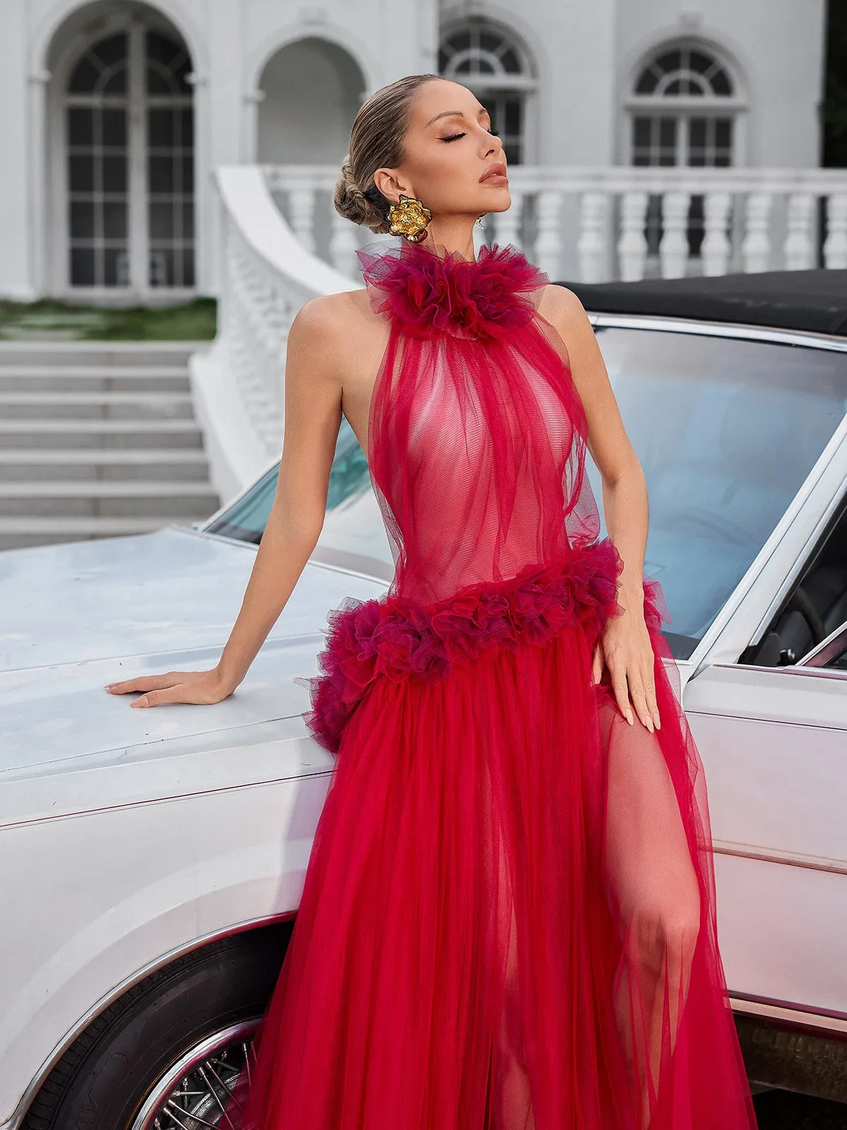 Fyrielle Halterneck Tulle Maxi Dress In Red sold by Mew Mews product image thumbnail 4