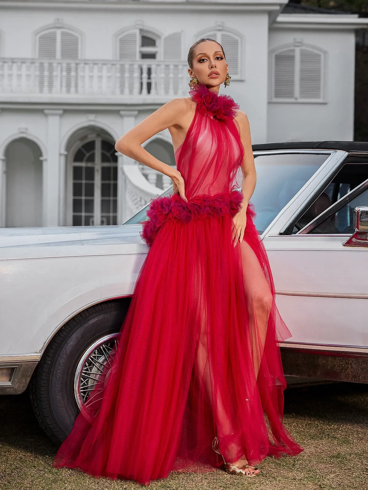 Fyrielle Halterneck Tulle Maxi Dress In Red sold by Mew Mews