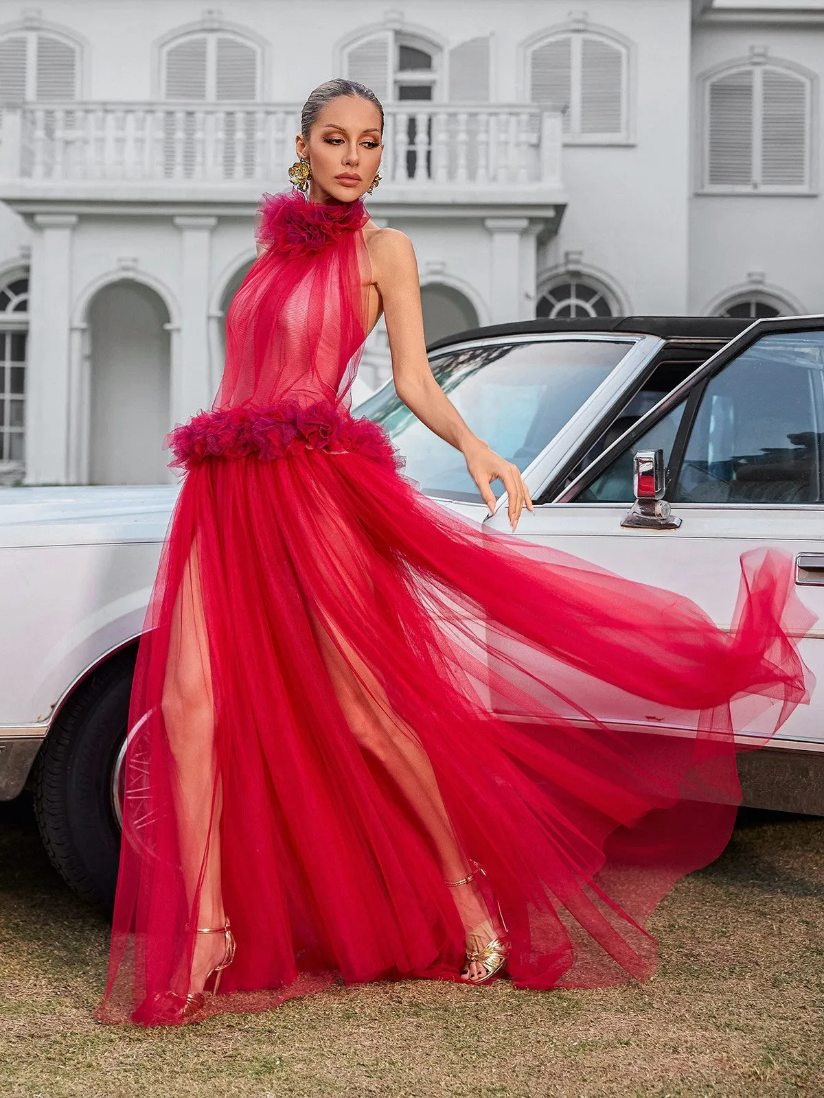 Fyrielle Halterneck Tulle Maxi Dress In Red sold by Mew Mews product image thumbnail 2