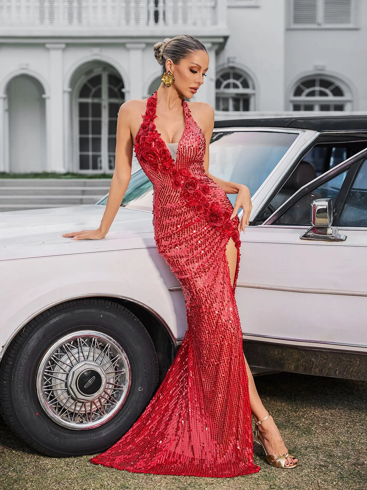 Evorine Halterneck Embellished Flower Split Maxi Dress sold by Mew Mews product image thumbnail 4
