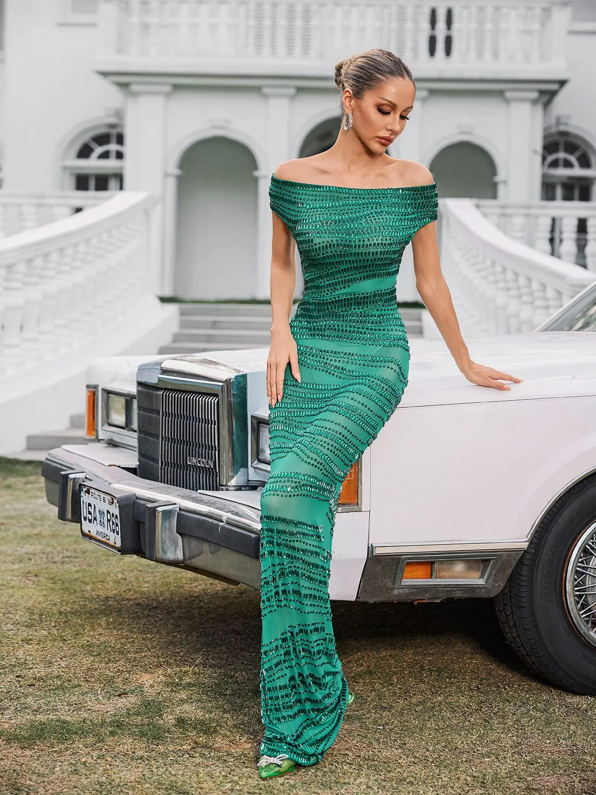 Eryx Off Shoulder Rhinestone Mesh Maxi Dress In Green sold by Mew Mews product image thumbnail 4