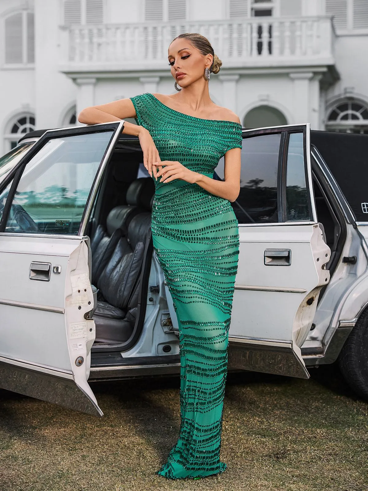 Eryx Off Shoulder Rhinestone Mesh Maxi Dress In Green sold by Mew Mews product image thumbnail 5