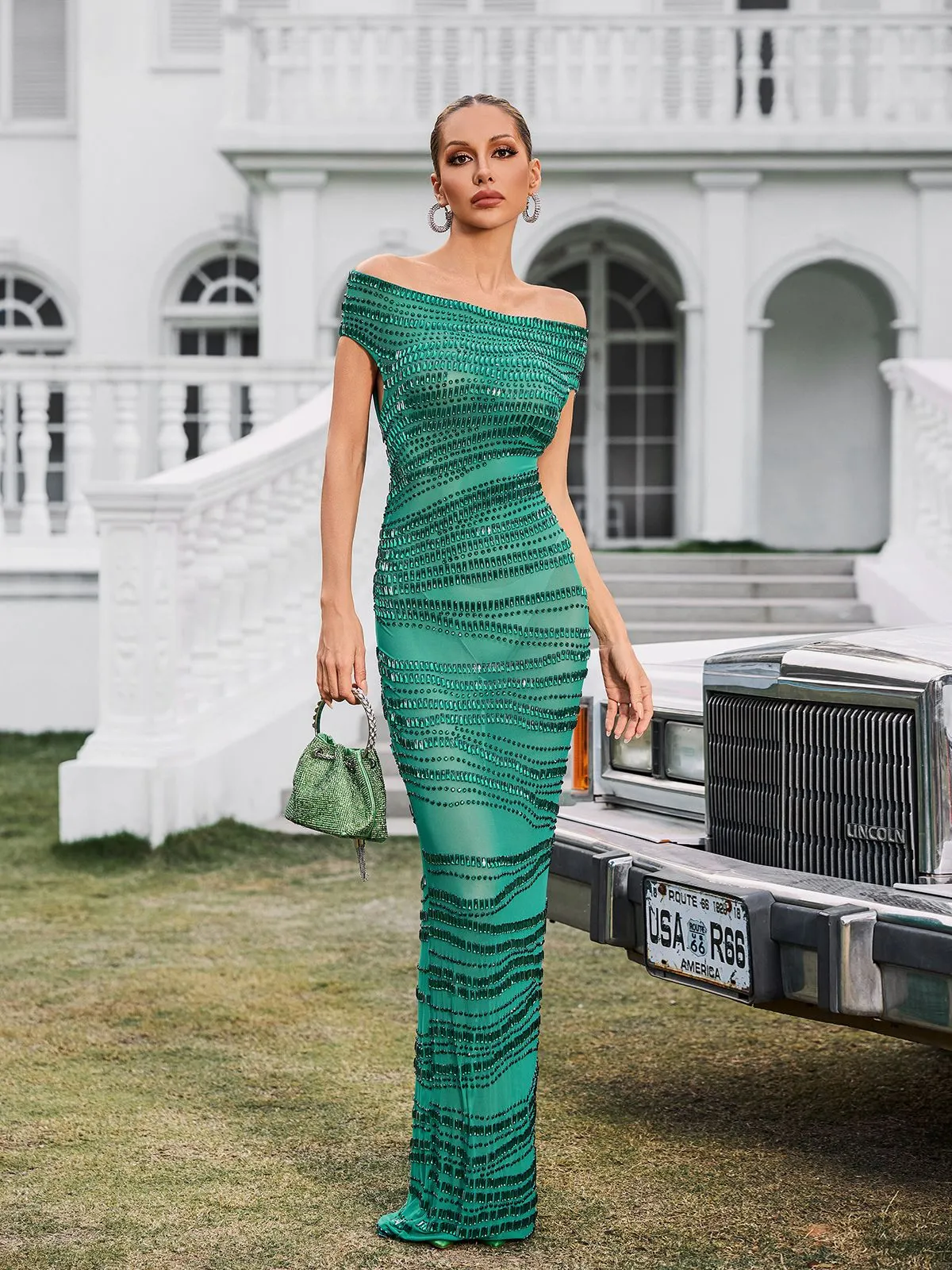 Eryx Off Shoulder Rhinestone Mesh Maxi Dress In Green sold by Mew Mews