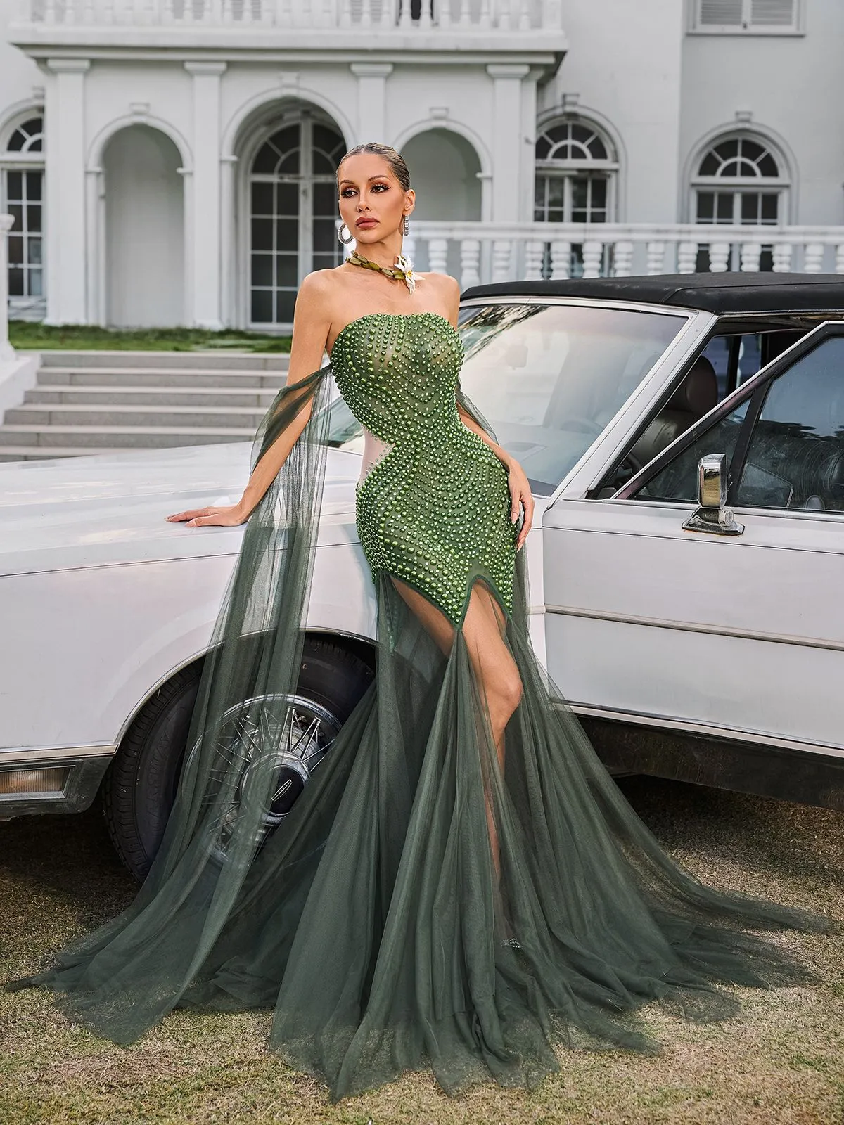 Daelis Off Shoulder Rhinestone Mesh Maxi Dress sold by Mew Mews product image thumbnail 3