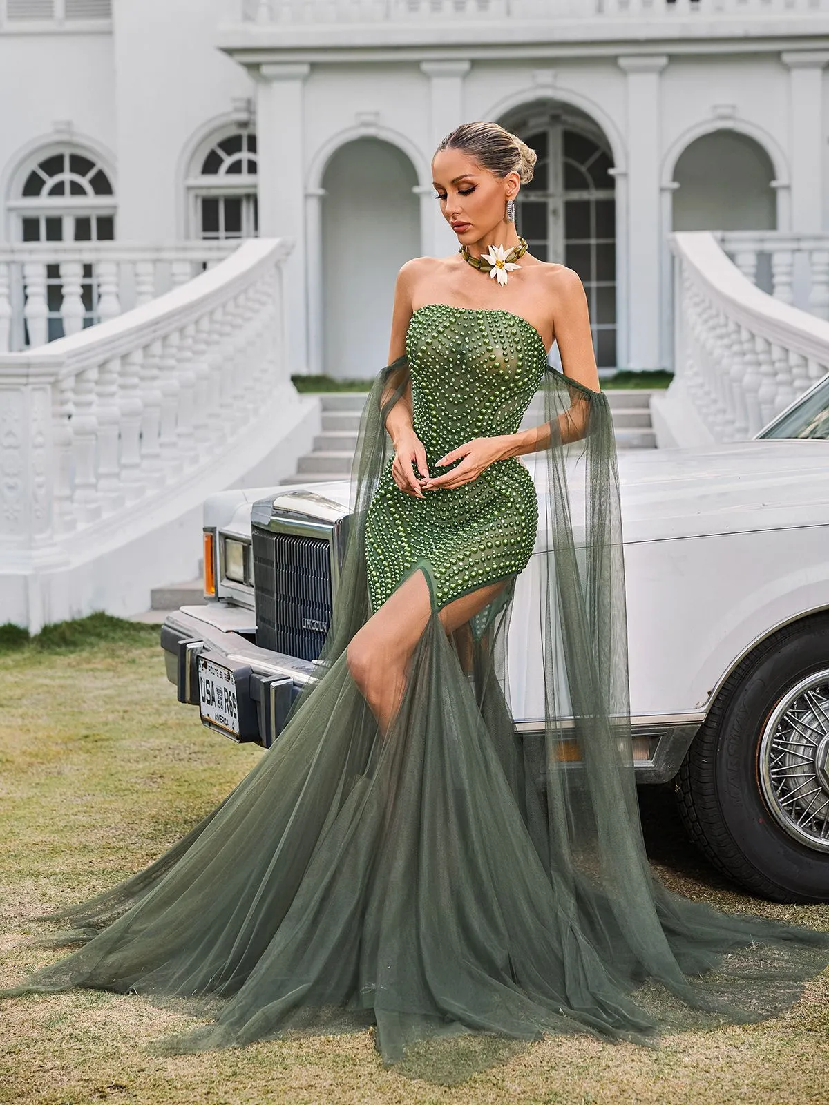 Daelis Off Shoulder Rhinestone Mesh Maxi Dress sold by Mew Mews product image thumbnail 4