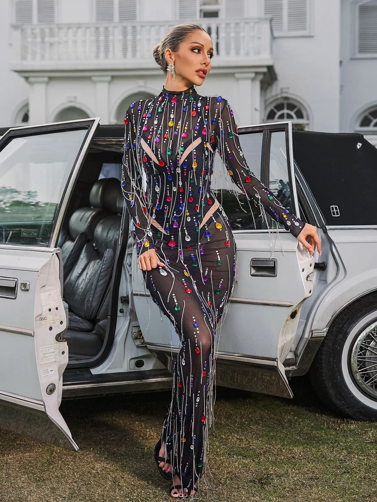 Corvina Fringe Embellished Mesh Maxi Dress sold by Mew Mews product image thumbnail 5