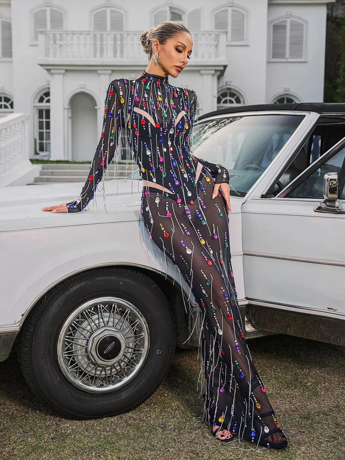 Corvina Fringe Embellished Mesh Maxi Dress sold by Mew Mews product image thumbnail 3