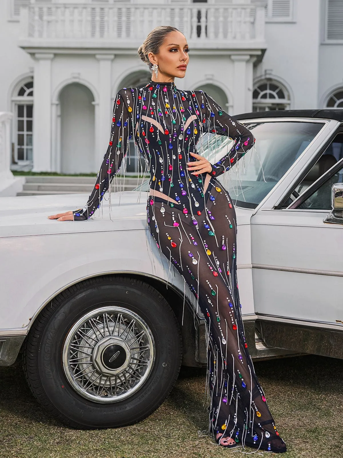 Corvina Fringe Embellished Mesh Maxi Dress sold by Mew Mews product image thumbnail 4