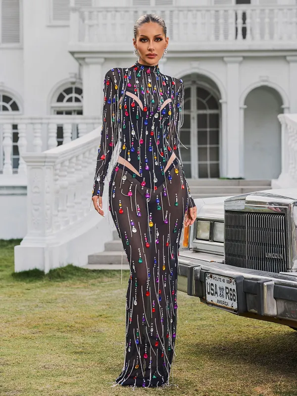 Corvina Fringe Embellished Mesh Maxi Dress sold by Mew Mews