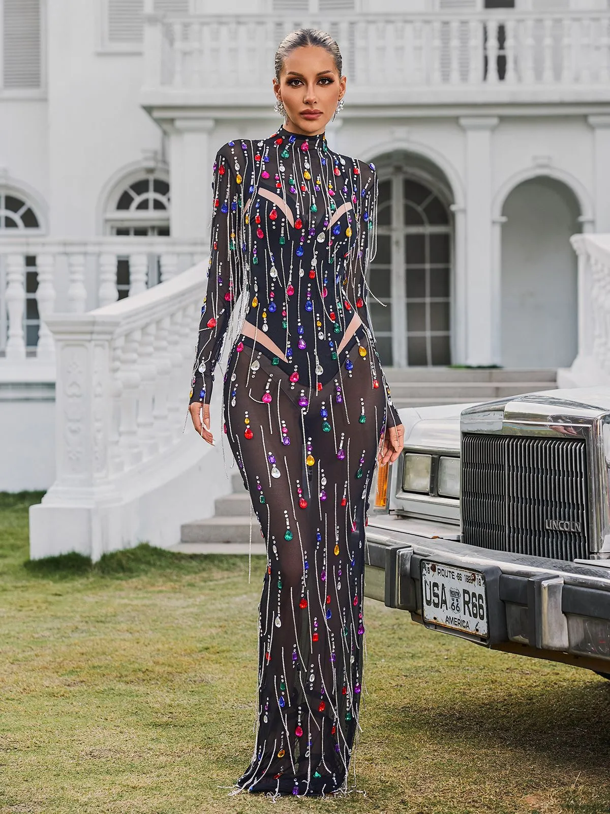 Corvina Fringe Embellished Mesh Maxi Dress sold by Mew Mews