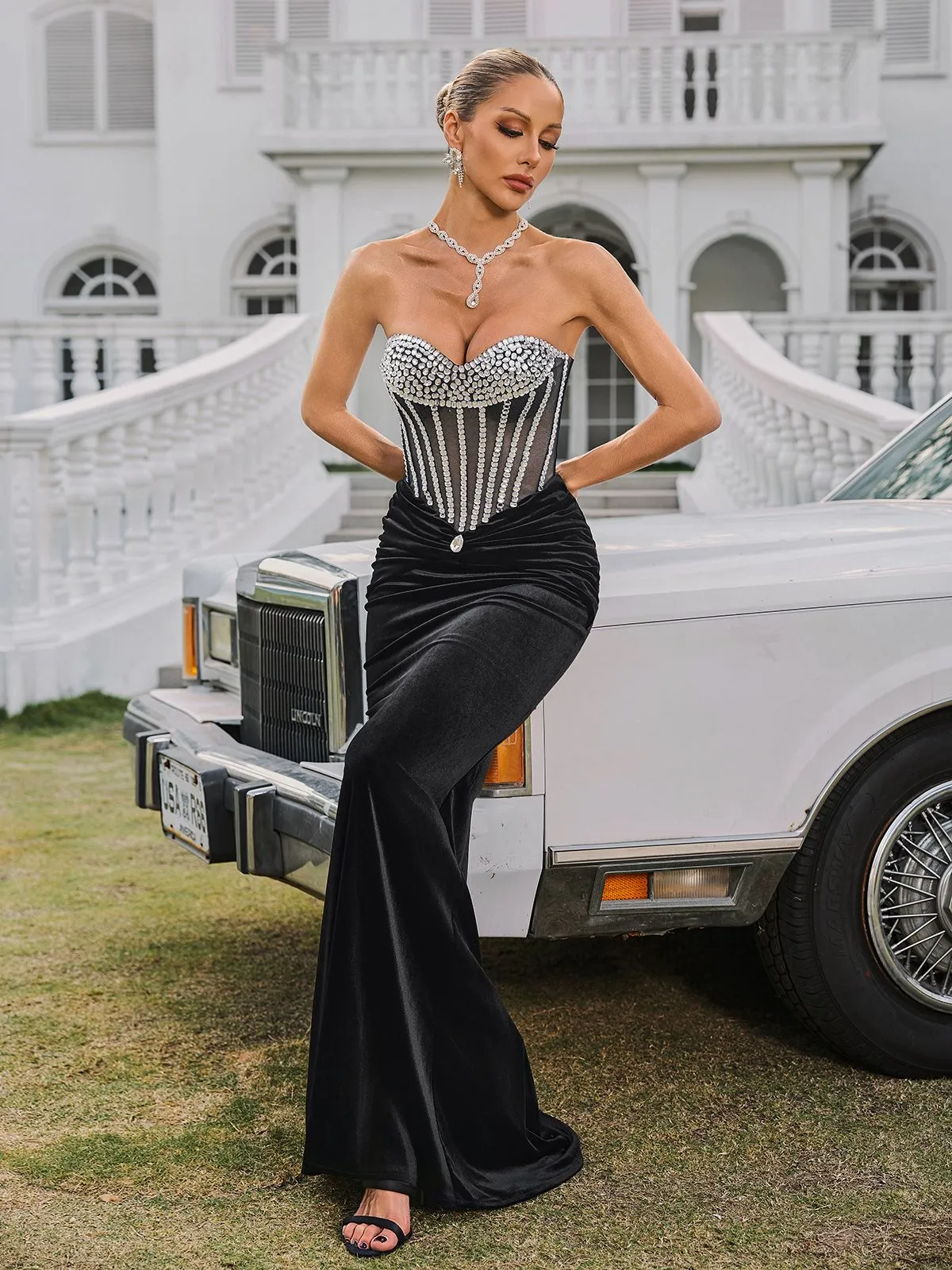 Gerlind Strapless Rhinestone Velvet Maxi Dress sold by Mew Mews product image thumbnail 5