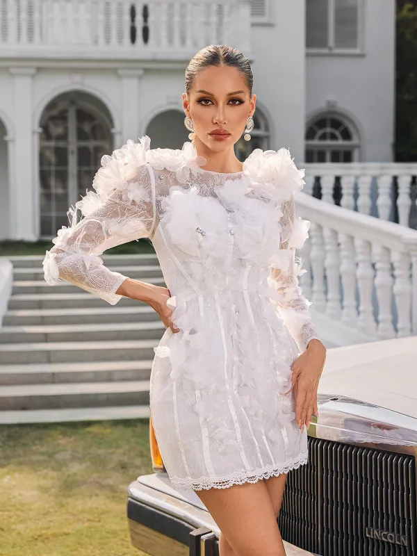 Nexara Long Sleeve Flower Trimmed Mini Dress made by Mew Mews
