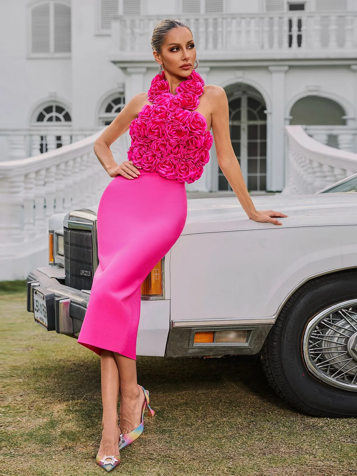 Wryssa Halterneck Flower Bandage Midi Dress In Hot Pink sold by Mew Mews product image thumbnail 3