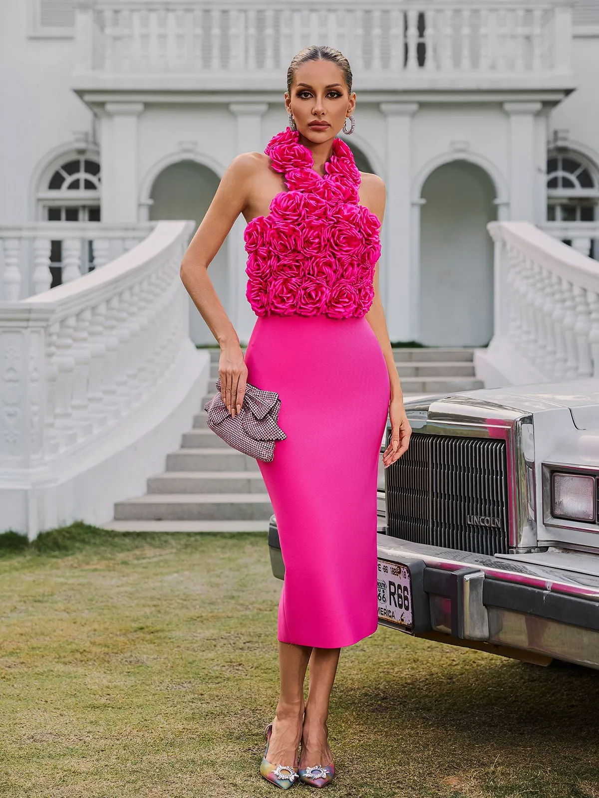 Wryssa Halterneck Flower Bandage Midi Dress In Hot Pink sold by Mew Mews