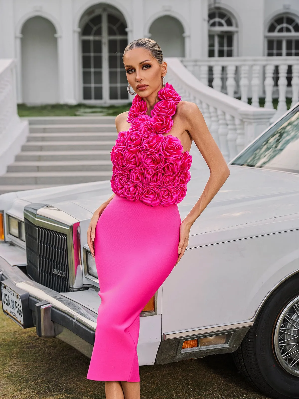 Wryssa Halterneck Flower Bandage Midi Dress In Hot Pink sold by Mew Mews product image thumbnail 4
