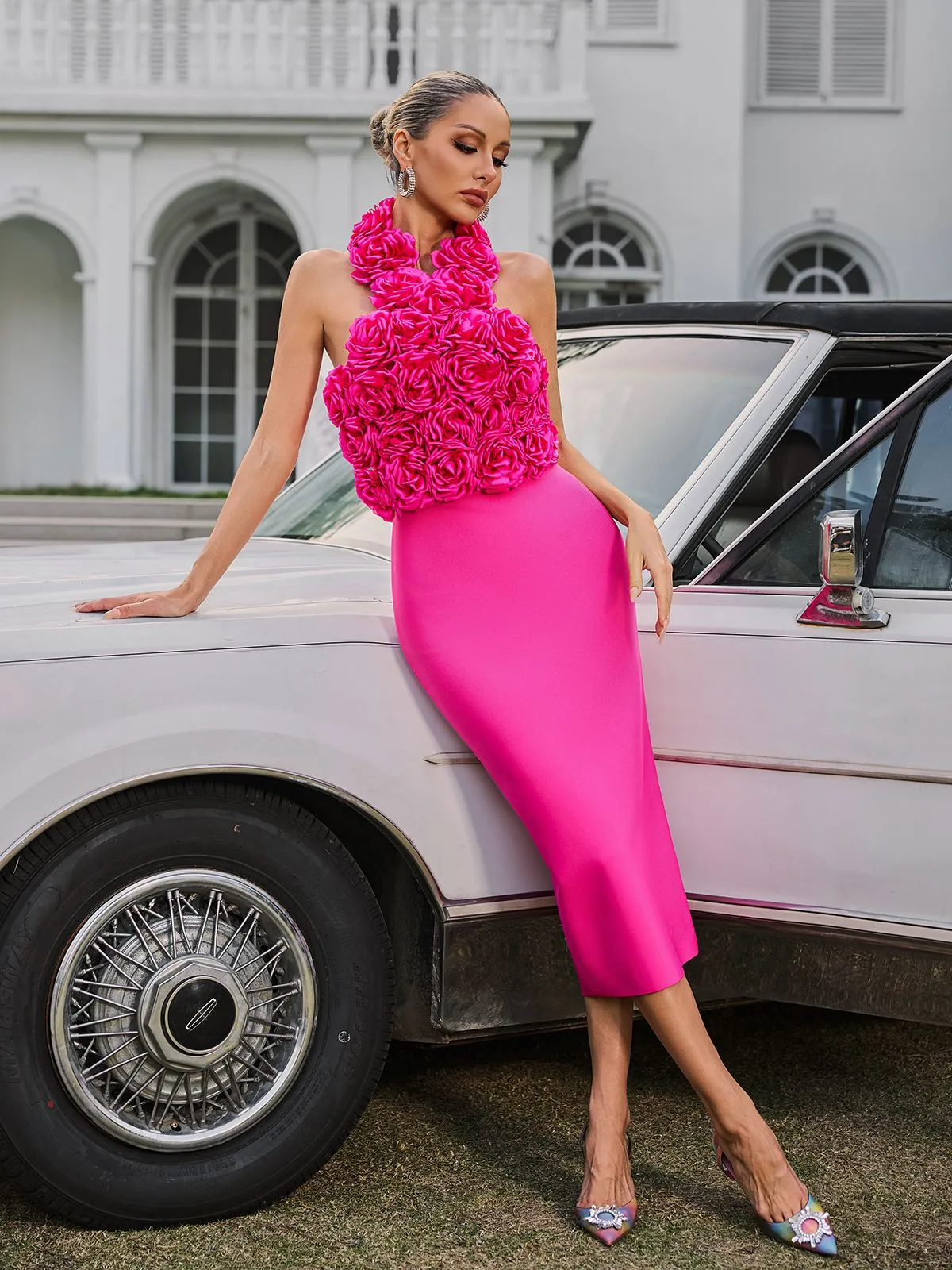 Wryssa Halterneck Flower Bandage Midi Dress In Hot Pink sold by Mew Mews product image thumbnail 5