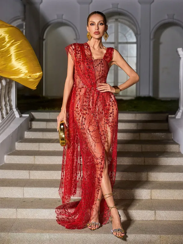 Bailee Split Sequin Maxi Dress In Red sold by Mew Mews