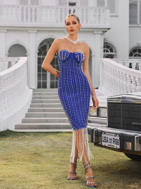 Ryxalia Strapless Pearl Bandage Midi Dress sold by Mew Mews