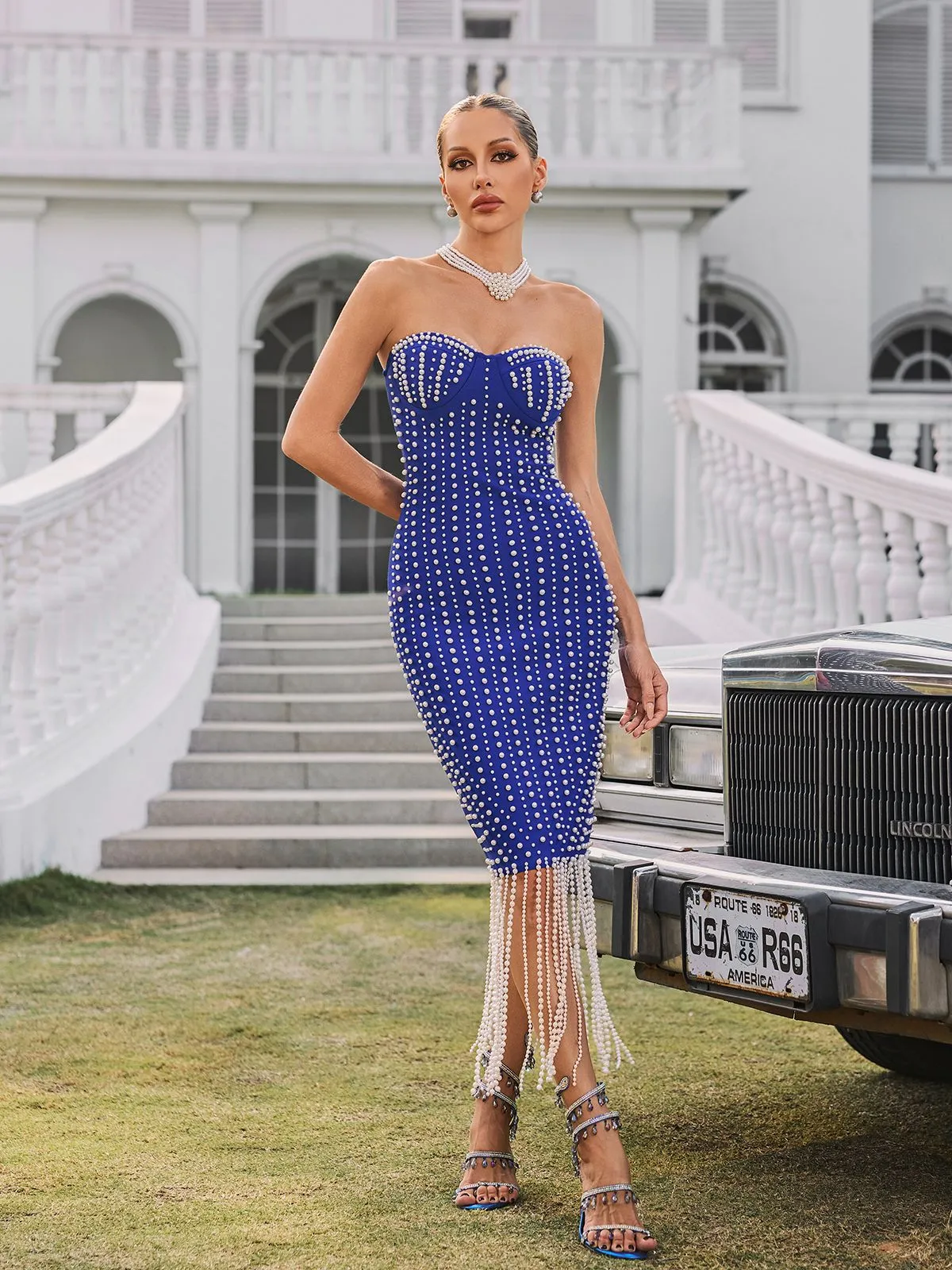 Ryxalia Strapless Pearl Bandage Midi Dress sold by Mew Mews