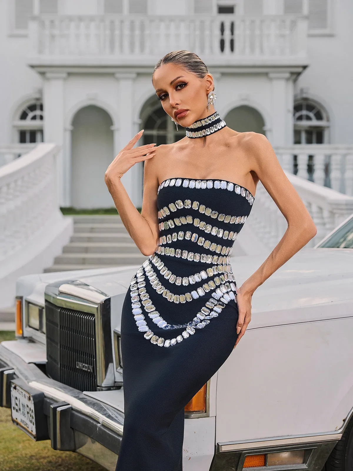 Vaelith Strapless Crystal Bandage Maxi Dress With Choker sold by Mew Mews product image thumbnail 4