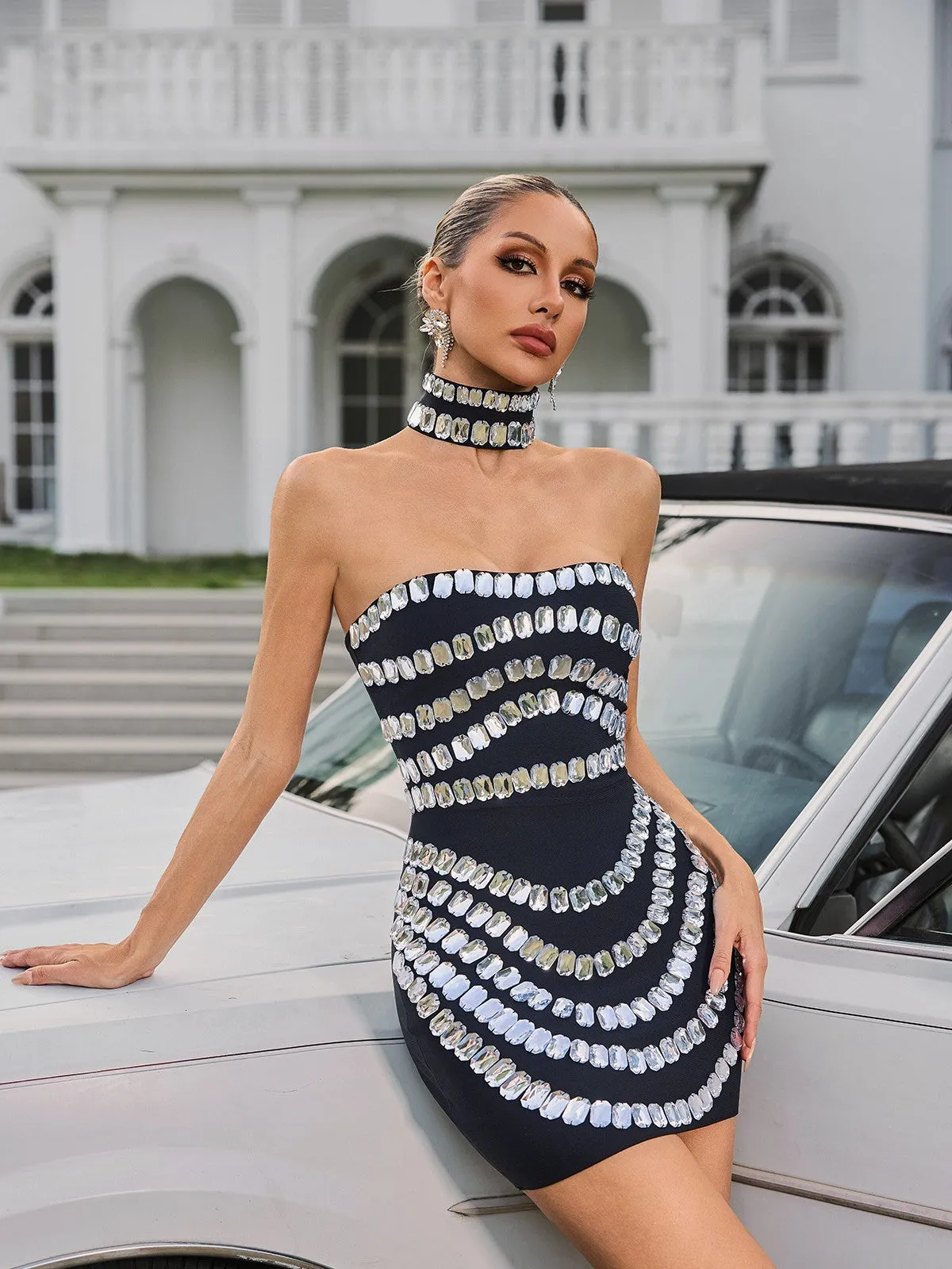 Vaelith Strapless Crystal Bandage Mini Dress With Choker sold by Mew Mews product image thumbnail 5