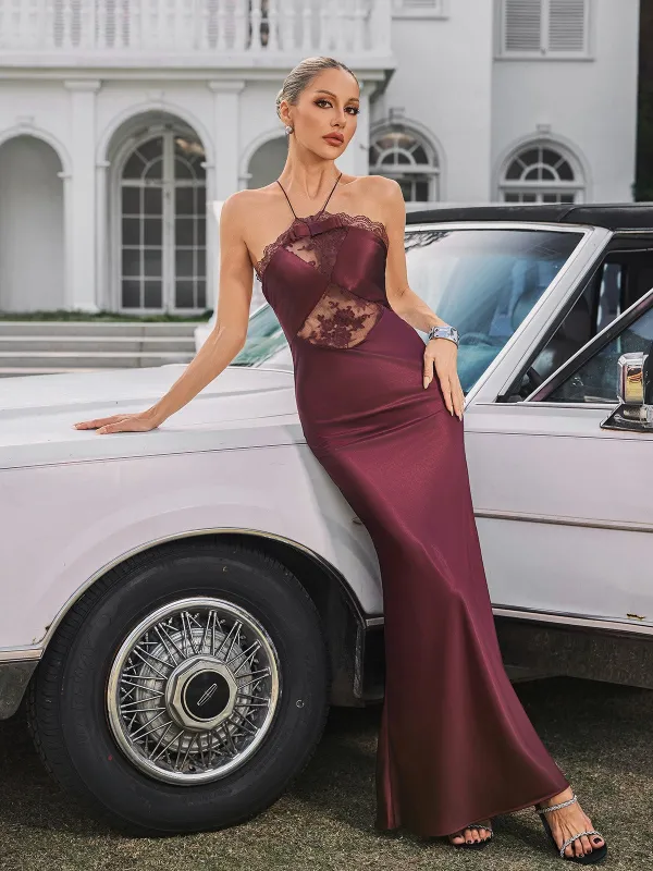 Quivara Halterneck Trimmed Satin Maxi Dress sold by Mew Mews