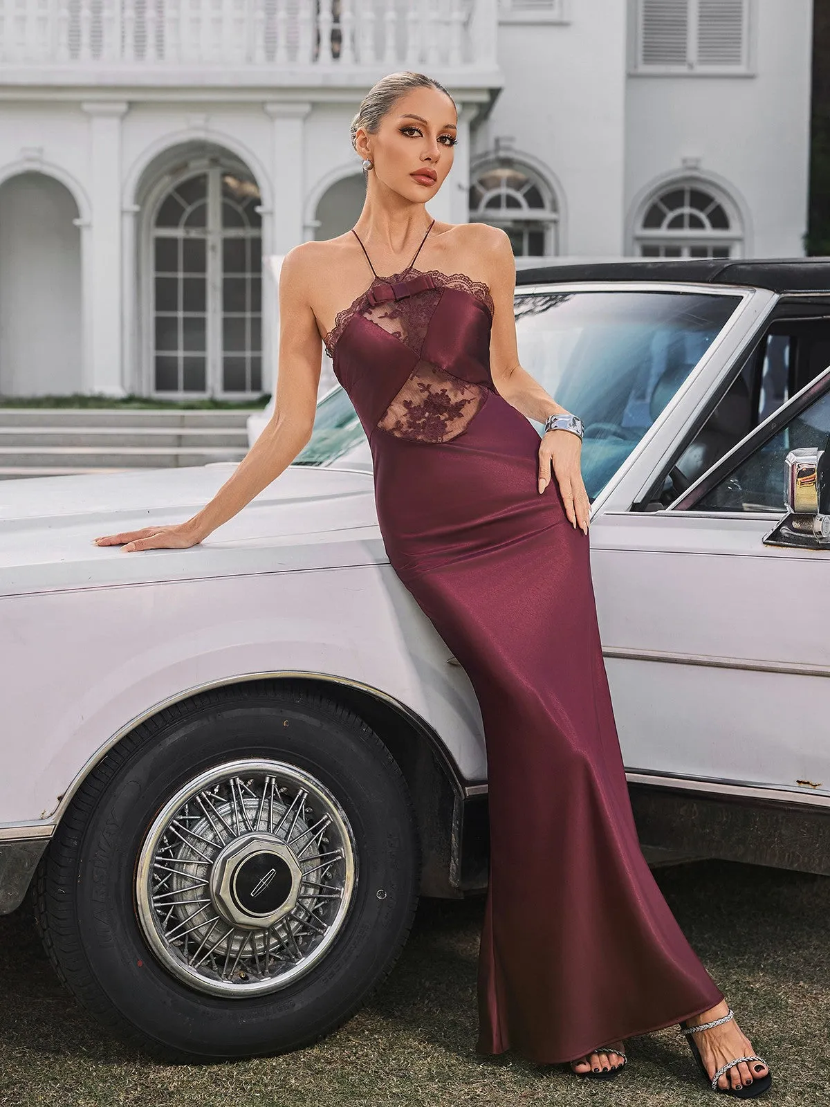 Quivara Halterneck Trimmed Satin Maxi Dress sold by Mew Mews