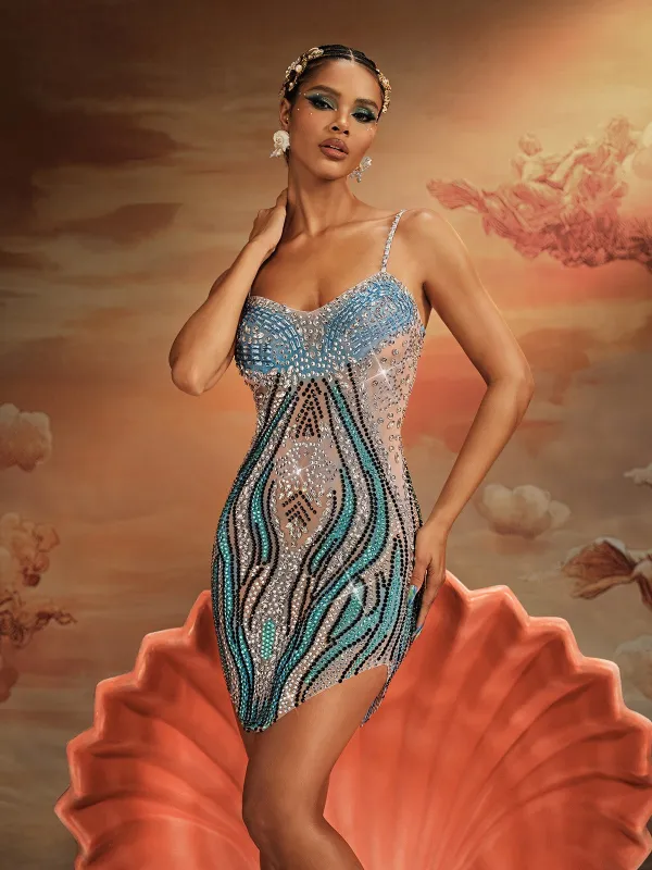 Roswitha Spaghetti Rhinestone Mini Dress In Blue sold by Mew Mews