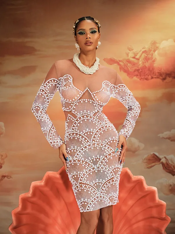 Theobald Long Sleeve Pearl Mesh Mini Dress sold by Mew Mews