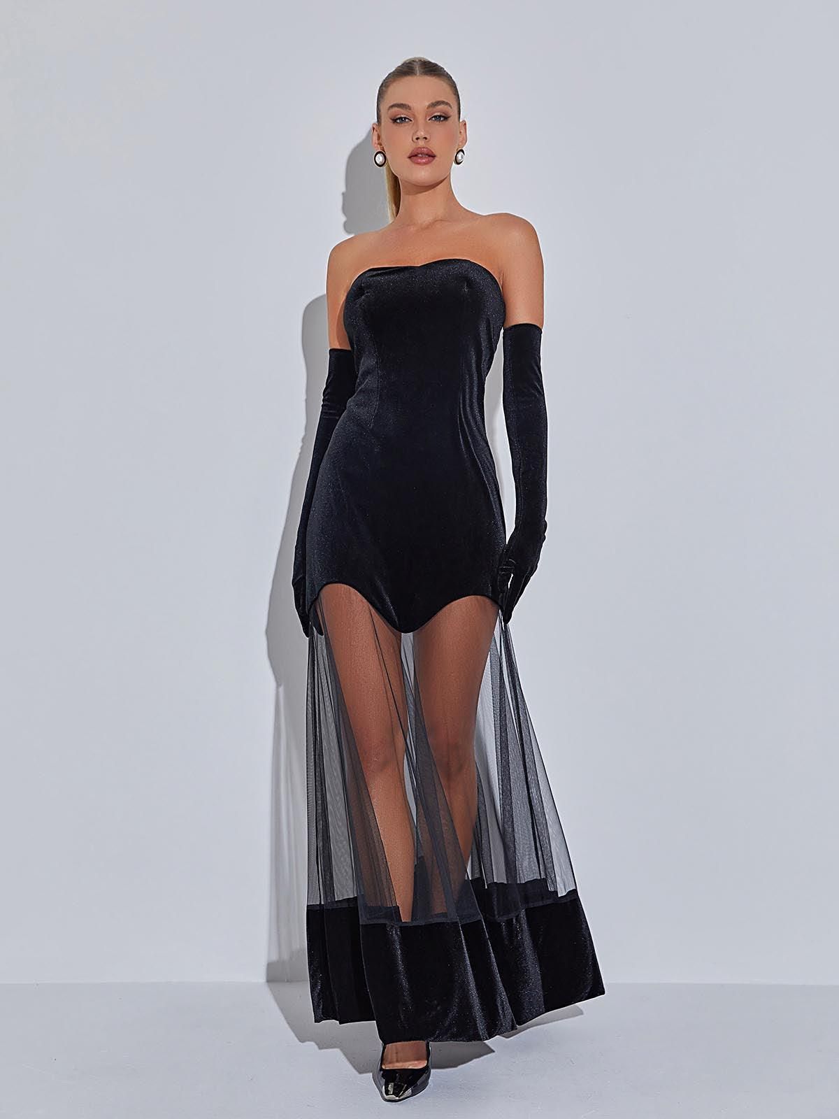 Rena Strapless Velvet Mesh Maxi Dress sold by Mew Mews product image thumbnail 4