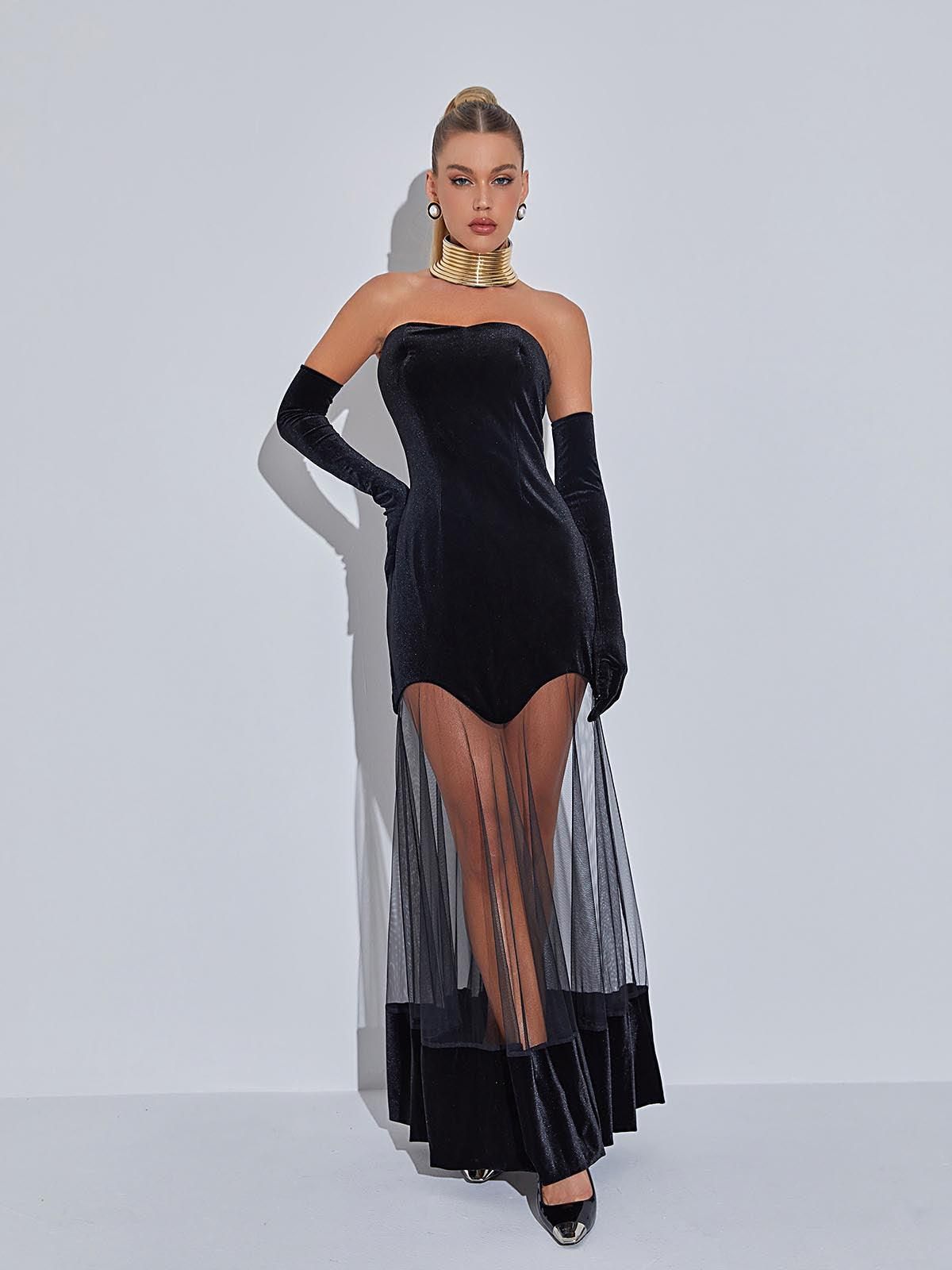 Rena Strapless Velvet Mesh Maxi Dress sold by Mew Mews