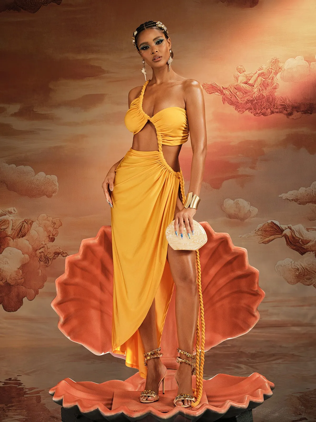 Ajeya One Shoulder Twisted Midi Dress In Yellow sold by Mew Mews