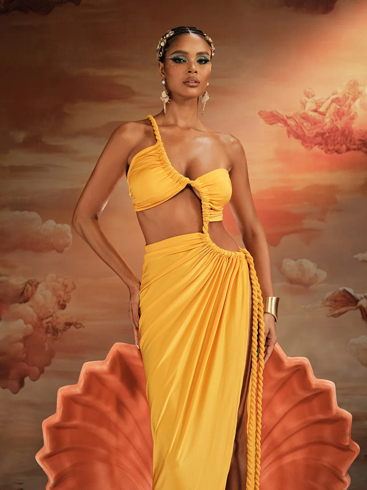 Ajeya One Shoulder Twisted Midi Dress In Yellow sold by Mew Mews product image thumbnail 3