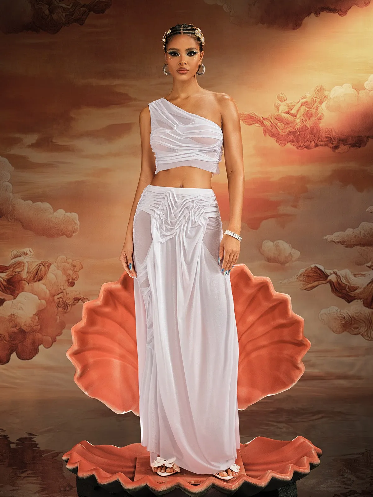 Akiye One Shoulder Ruched Skirt Set In White sold by Mew Mews