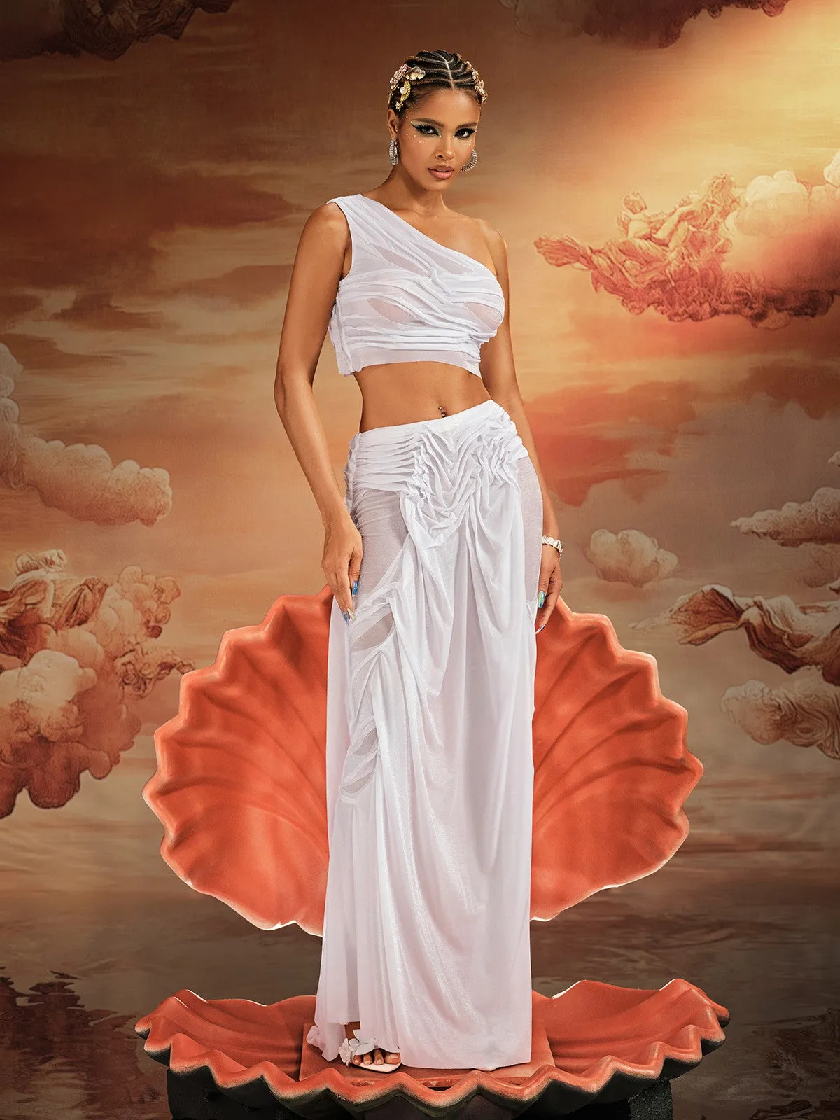 Akiye One Shoulder Ruched Skirt Set In White sold by Mew Mews product image thumbnail 4