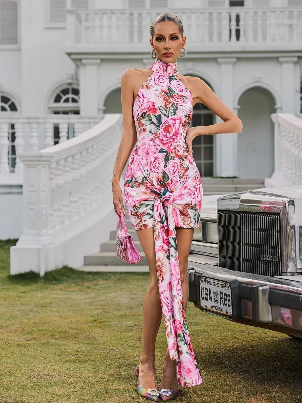 Wyvanna Halterneck Floral Twisted Mini Dress made by Mew Mews