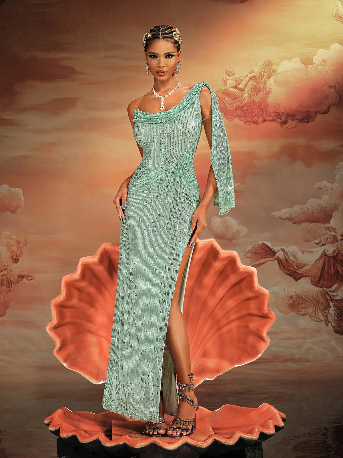 Aitor One Shoulder Sequin Maxi Dress sold by Mew Mews