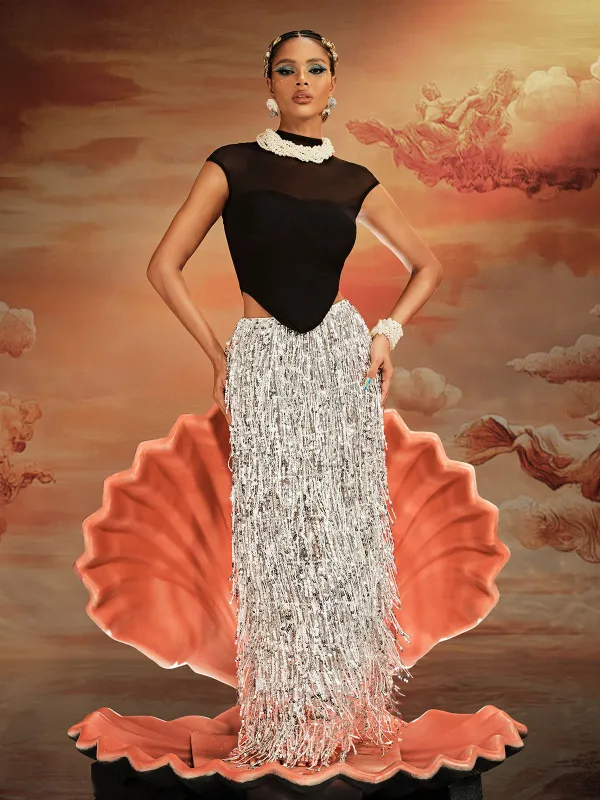 Ajmal Sequin Fringe Skirt Set sold by Mew Mews