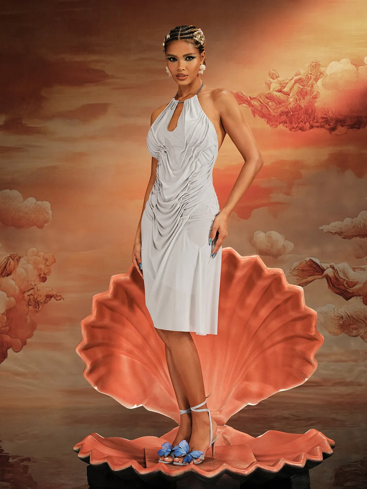 Dariusz Halterneck Ruched Midi Dress In Grey sold by Mew Mews product image thumbnail 5