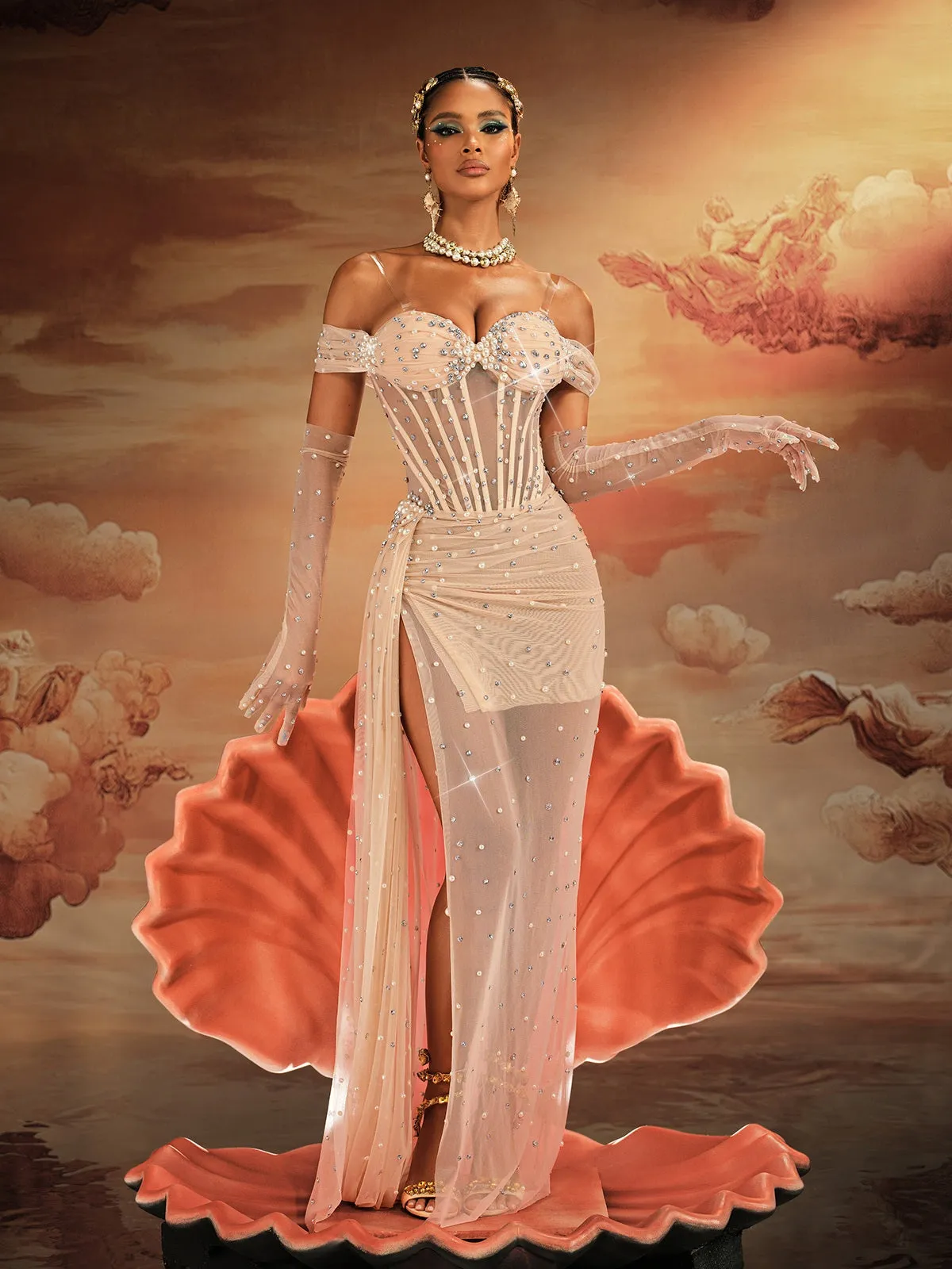 Haldor Off Shoulder Crystal Mesh Draped Maxi Dress sold by Mew Mews product image thumbnail 3