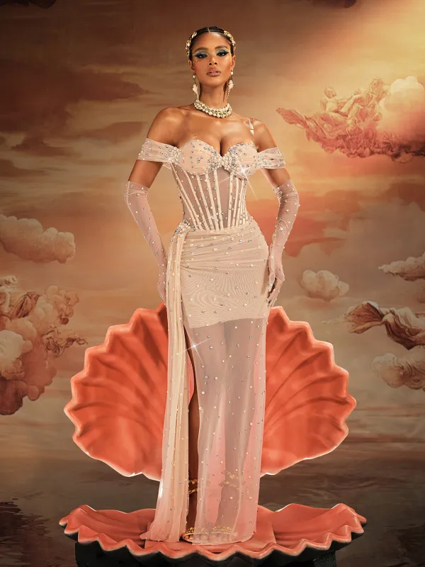 Haldor Off Shoulder Crystal Mesh Draped Maxi Dress sold by Mew Mews