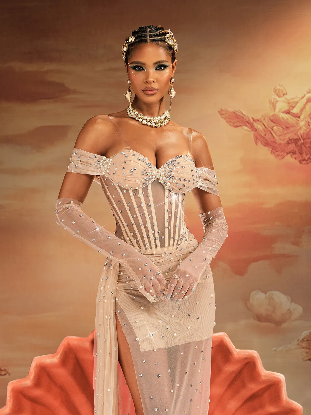 Haldor Off Shoulder Crystal Mesh Draped Maxi Dress sold by Mew Mews product image thumbnail 2